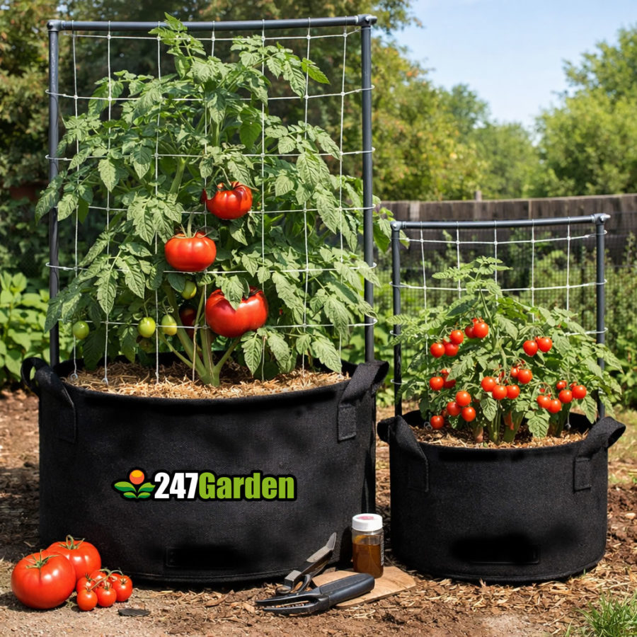 Some good sizes fabric pots for growing Redbeefsteak Huskycherryred tomatoe plants with some tips and tricks including using trellis netting to maximize vertical space.